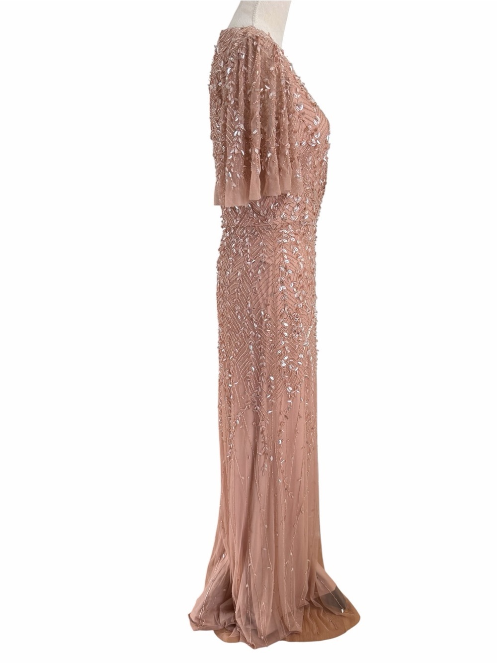 Mac Duggal Embellished Flutter Sleeve Blush Pink Beaded Maxi Gown - Picture 5 of 9